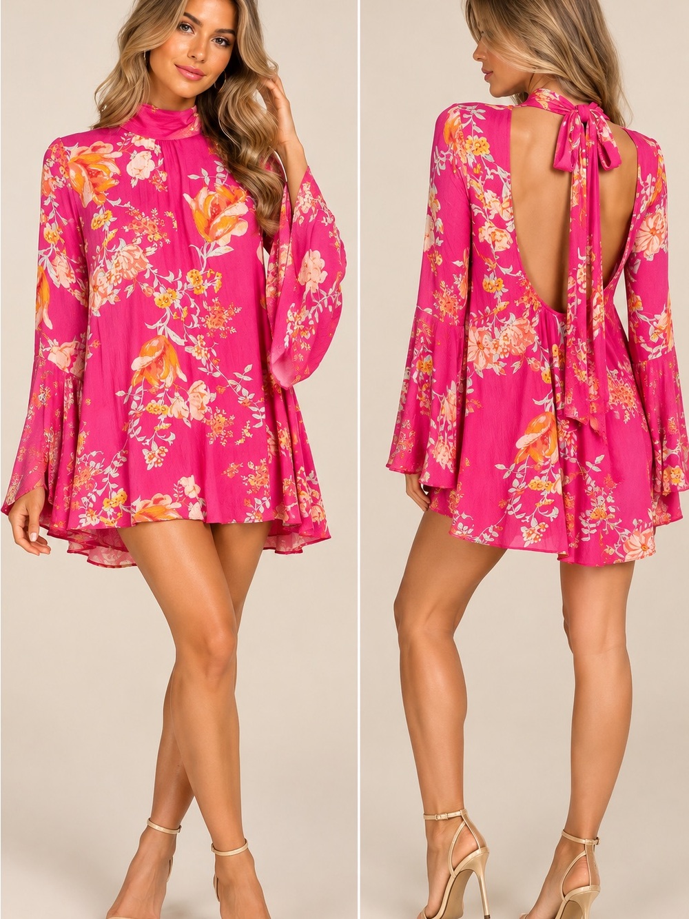 Free People Pink Floral Open Back Bell Sleeve Mini Dress S